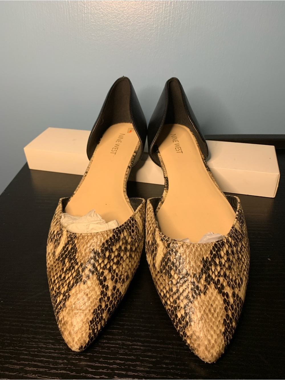 Nine West Snake-Print Pointed D'Orsay Flats in Tan & Black